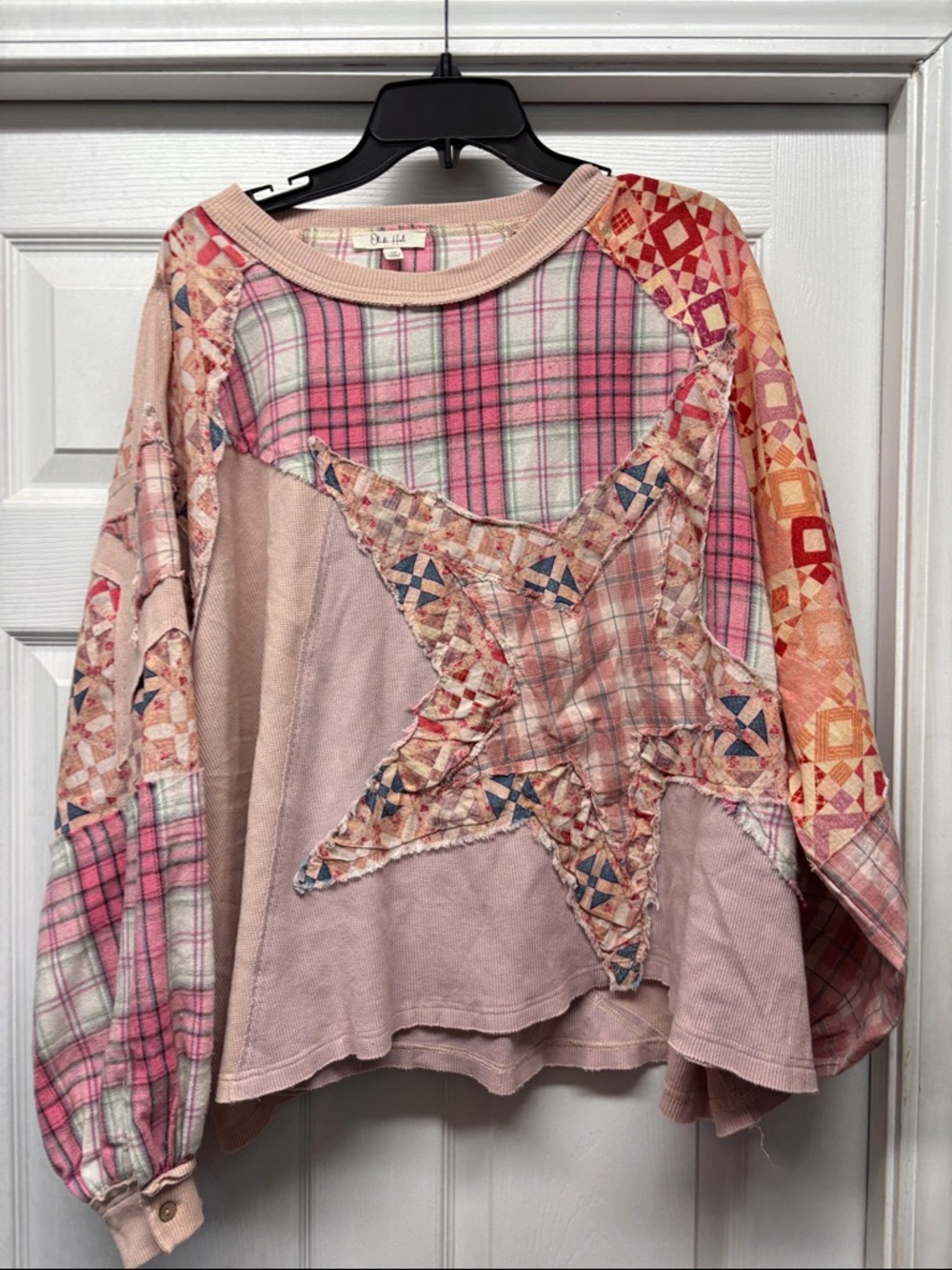 Oli & Hali Star Quilted Patchwork Pink & Blue Long Sleeve Top Oversized Sz M